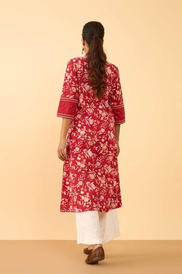 Red Pure Cotton Printed Sanganeri Kurta thumbnail image number null
