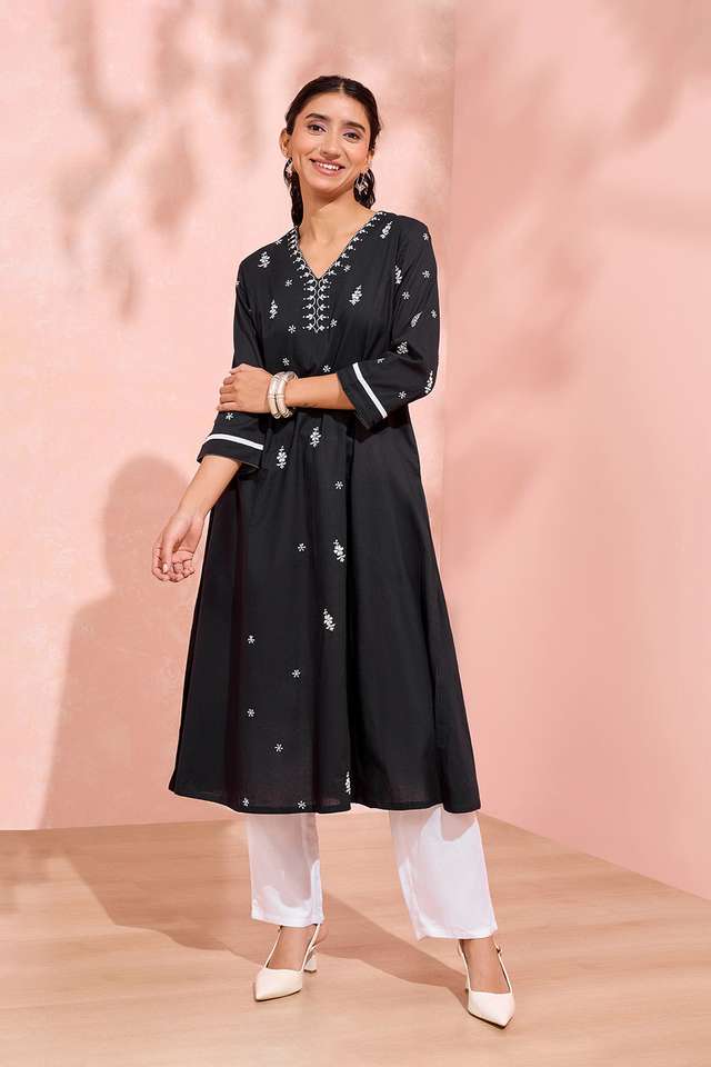 Black Cotton Chikankari Kurta image number
