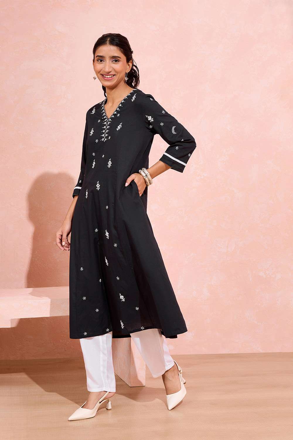 Black Cotton Chikankari Kurta image number null