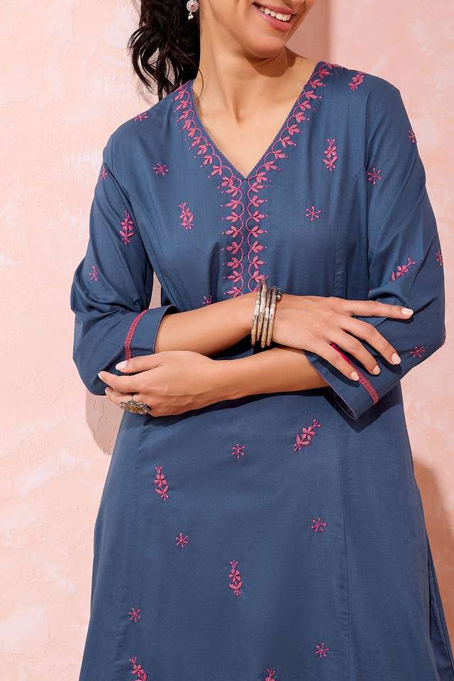 Blue Cotton Chikankari Kurta thumbnail image number null