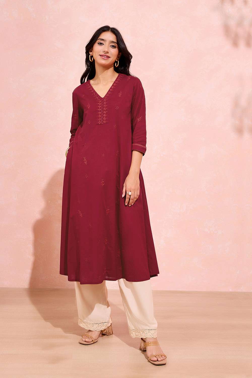 Red Cotton Chikankari Kurta image number null