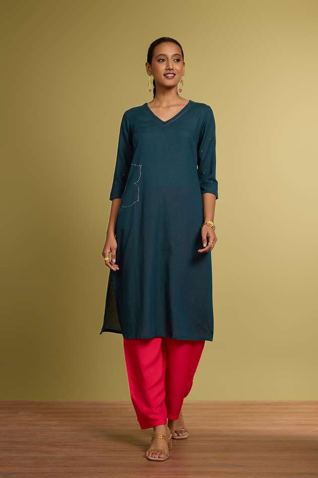 Dark Green Viscose Cotton Embroidered Kurta thumbnail image number null