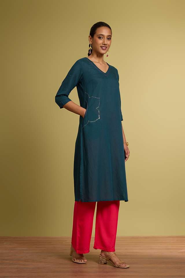 Dark Green Viscose Cotton Embroidered Kurta thumbnail image number null