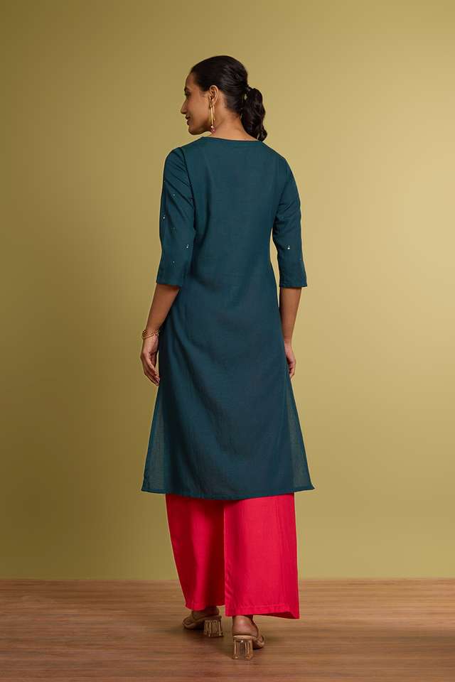Dark Green Viscose Cotton Embroidered Kurta thumbnail image number null