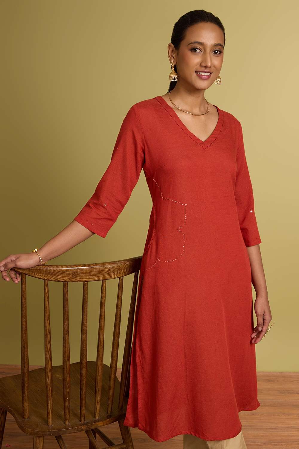 Orange Viscose Cotton Embroidered Kurta image number null