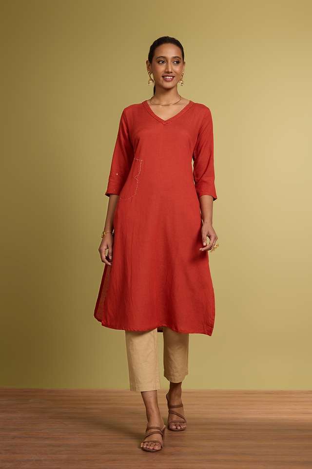 Orange Viscose Cotton Embroidered Kurta thumbnail image number null