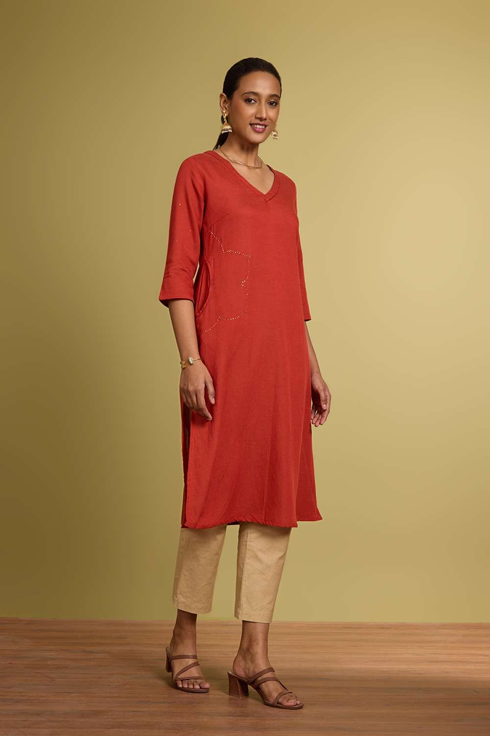 Orange Viscose Cotton Embroidered Kurta image number null