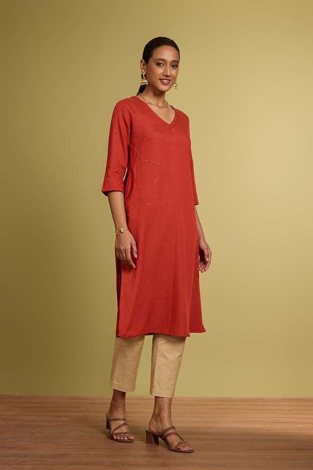 Orange Viscose Cotton Embroidered Kurta thumbnail image number null