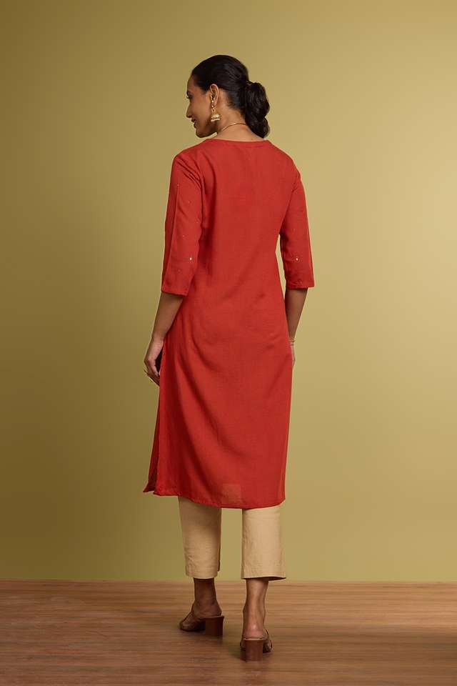 Orange Viscose Cotton Embroidered Kurta thumbnail image number null
