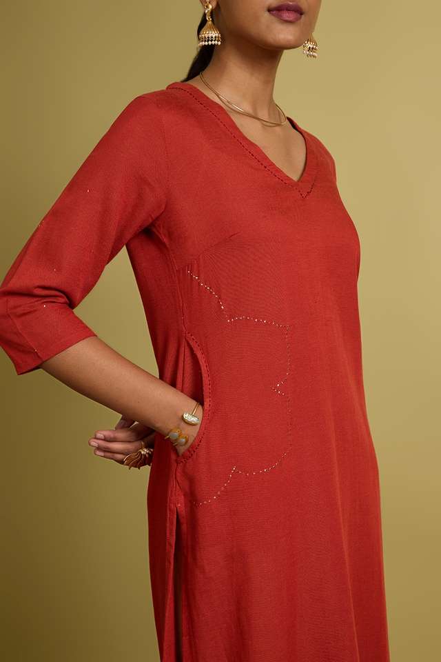 Orange Viscose Cotton Embroidered Kurta thumbnail image number null