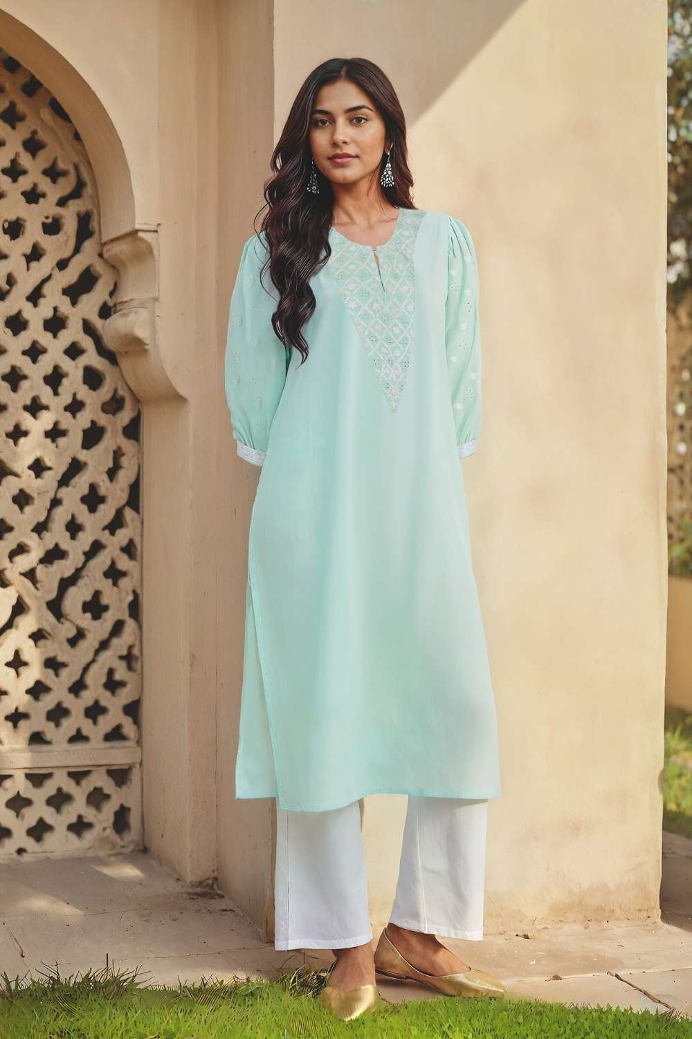 Light Blue Pure Cotton Chikankari Kurta image number null