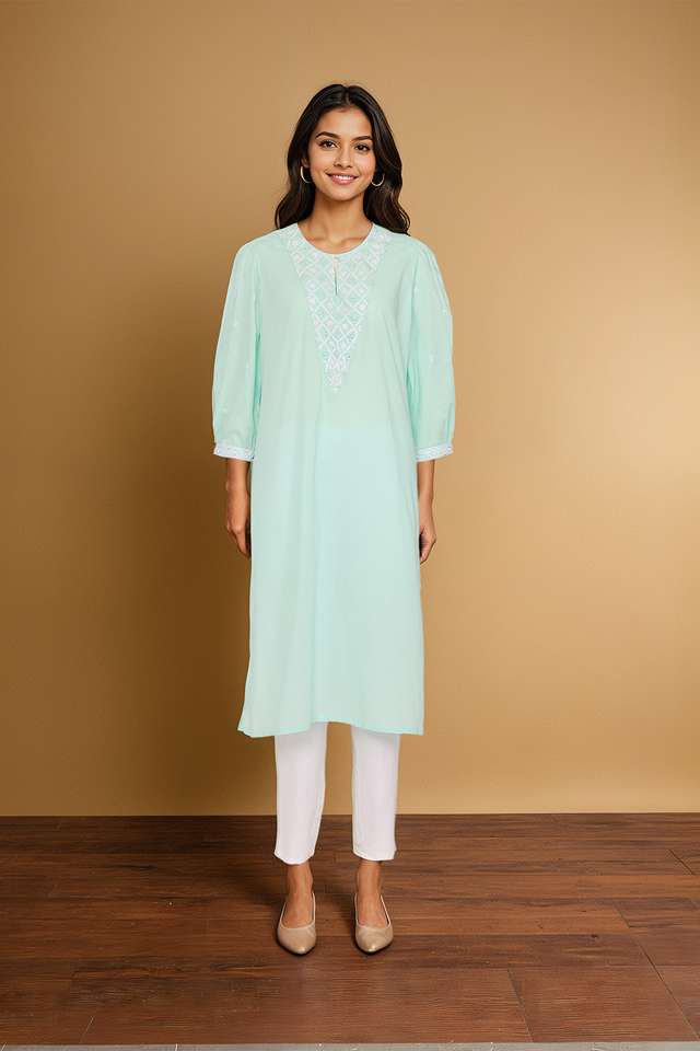 Light Blue Pure Cotton Chikankari Kurta thumbnail image number null