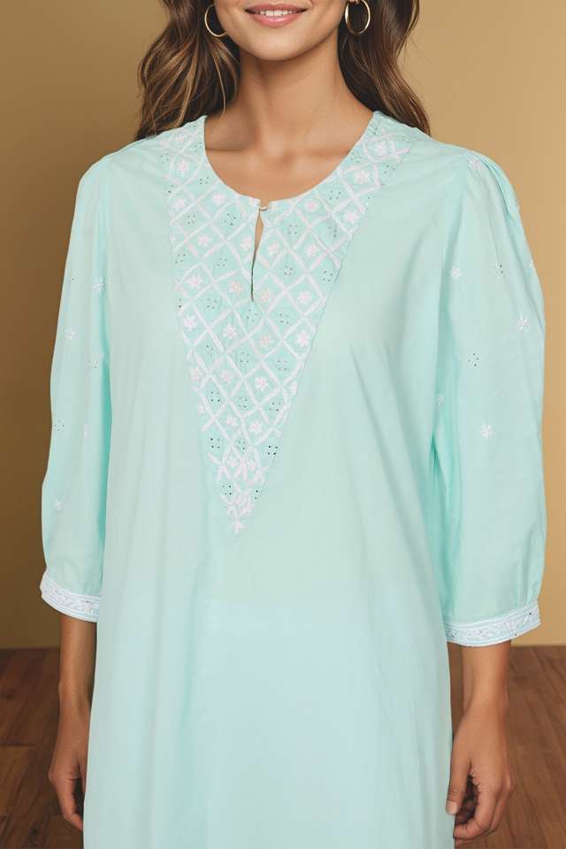 Light Blue Pure Cotton Chikankari Kurta thumbnail image number null