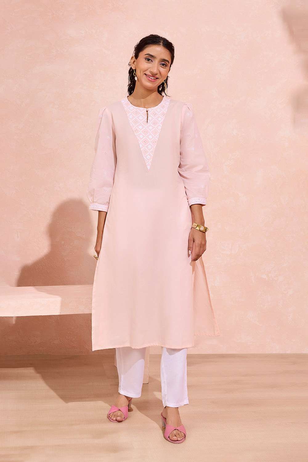 Light Pink Pure Cotton Chikankari Kurta image number null