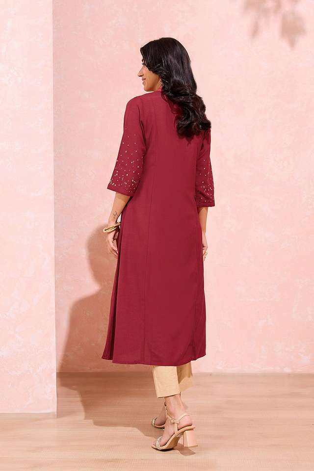 Dark Red Cotton Viscose Embroidered Kurta thumbnail image number null