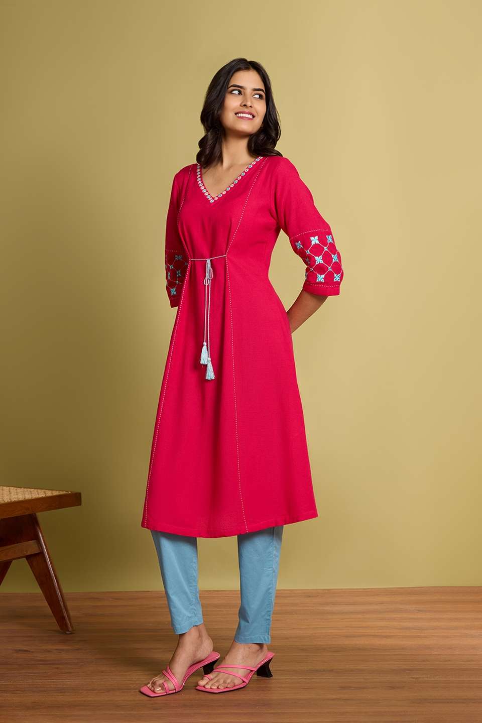 Pink Viscose Cotton Embroidered Kurta