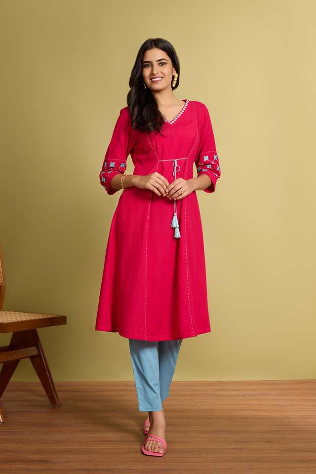 Pink Viscose Cotton Embroidered Kurta thumbnail image number null