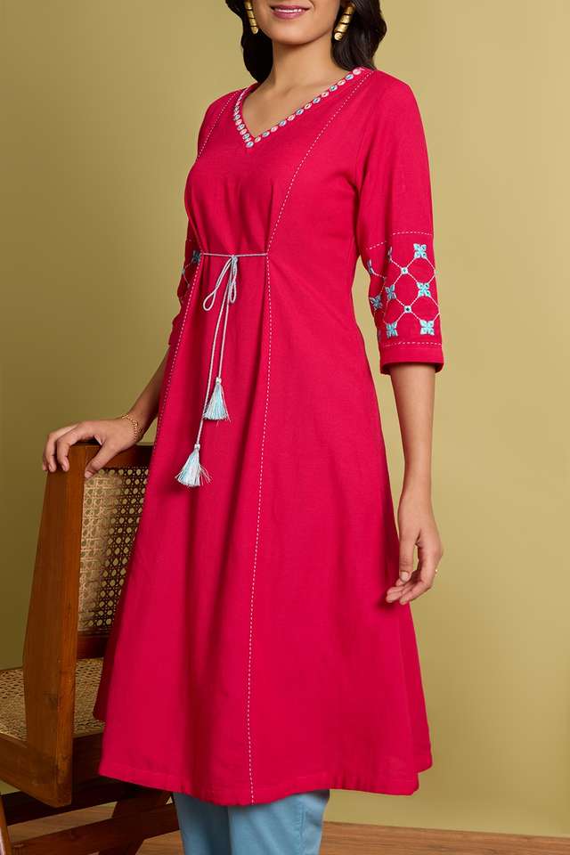 Pink Viscose Cotton Embroidered Kurta thumbnail image number null