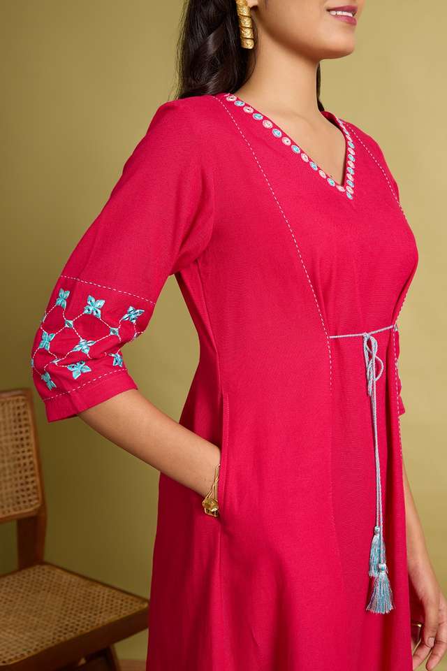 Pink Viscose Cotton Embroidered Kurta thumbnail image number null