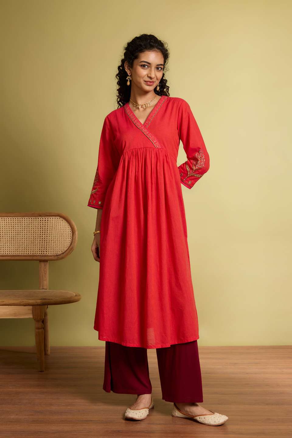 Pink Embroidered Pure Cotton Kurta