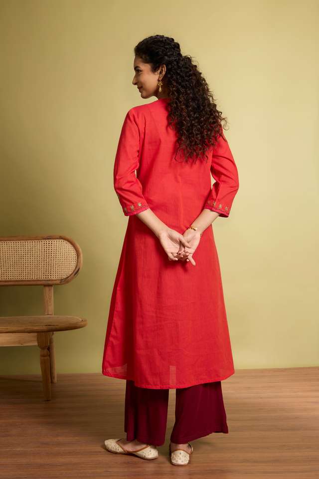 Pink Embroidered Pure Cotton Kurta thumbnail image number null