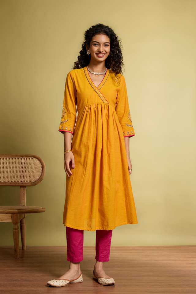 Yellow Embroidered Pure Cotton Kurta