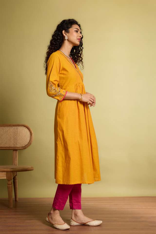 Yellow Embroidered Pure Cotton Kurta thumbnail image number null
