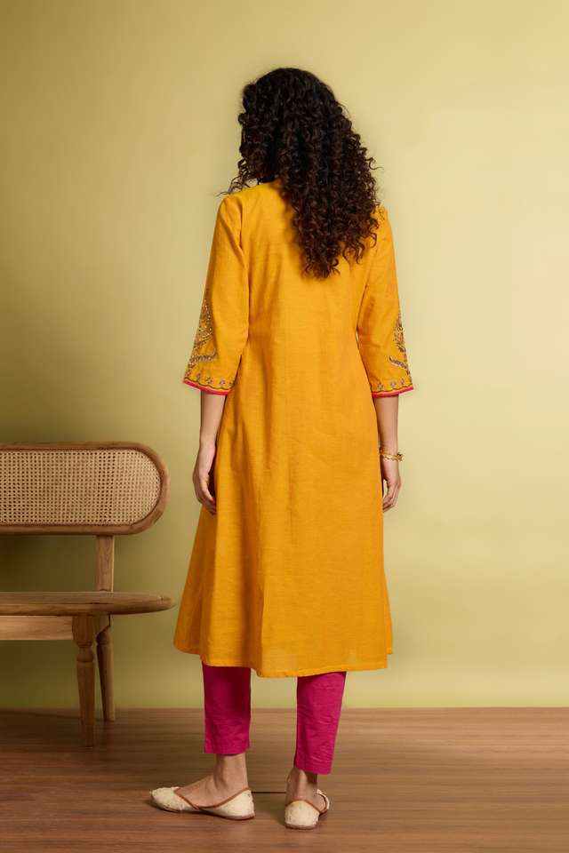 Yellow Embroidered Pure Cotton Kurta thumbnail image number null