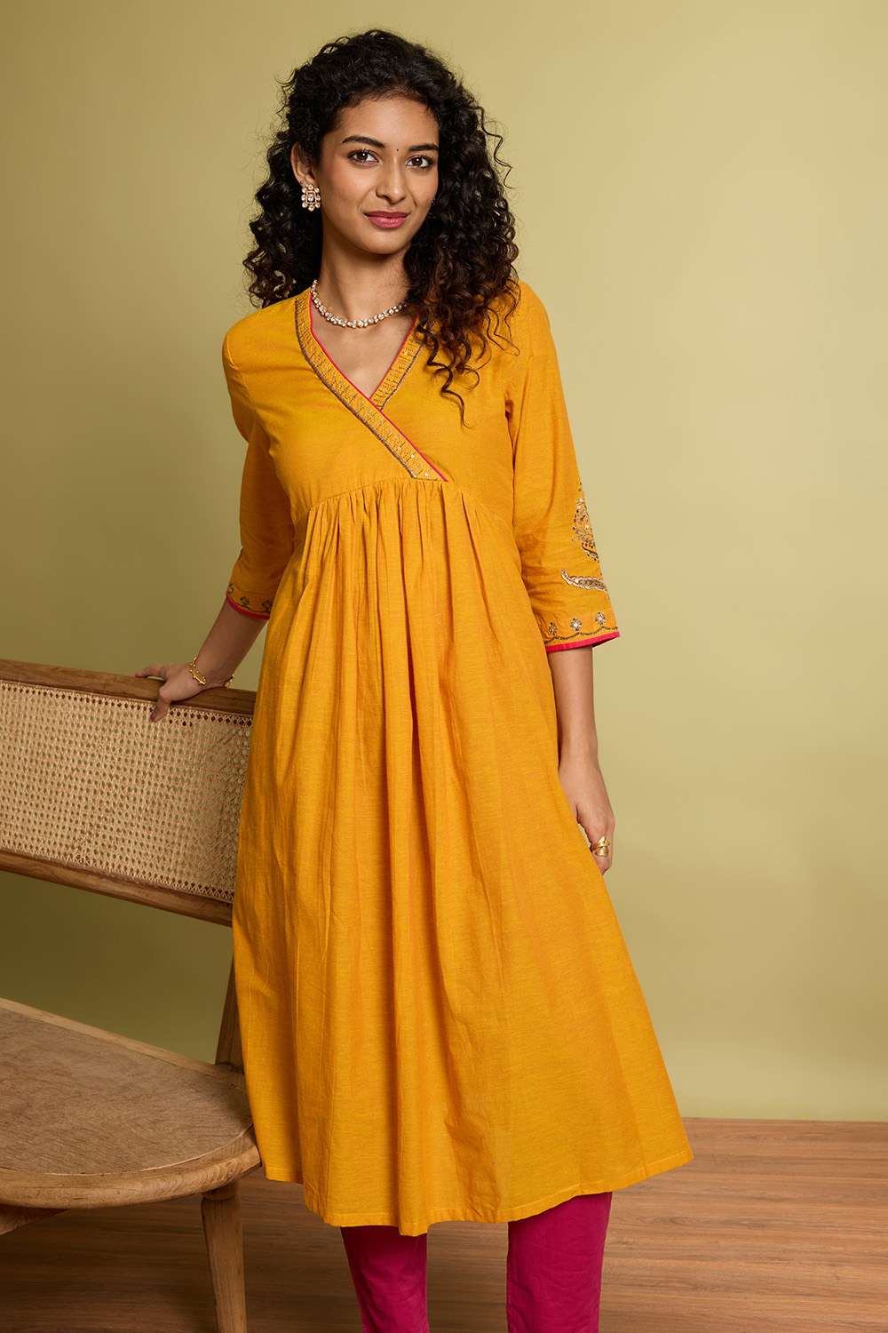 Yellow Embroidered Pure Cotton Kurta image number null