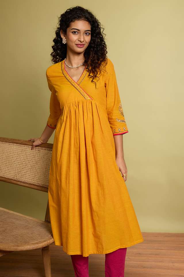 Yellow Embroidered Pure Cotton Kurta thumbnail image number null