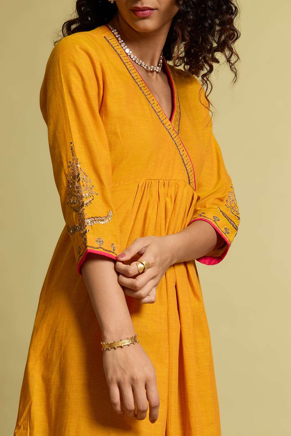 Yellow Embroidered Pure Cotton Kurta image number null