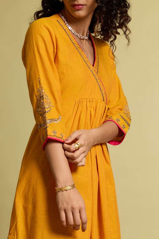Yellow Embroidered Pure Cotton Kurta thumbnail image number null