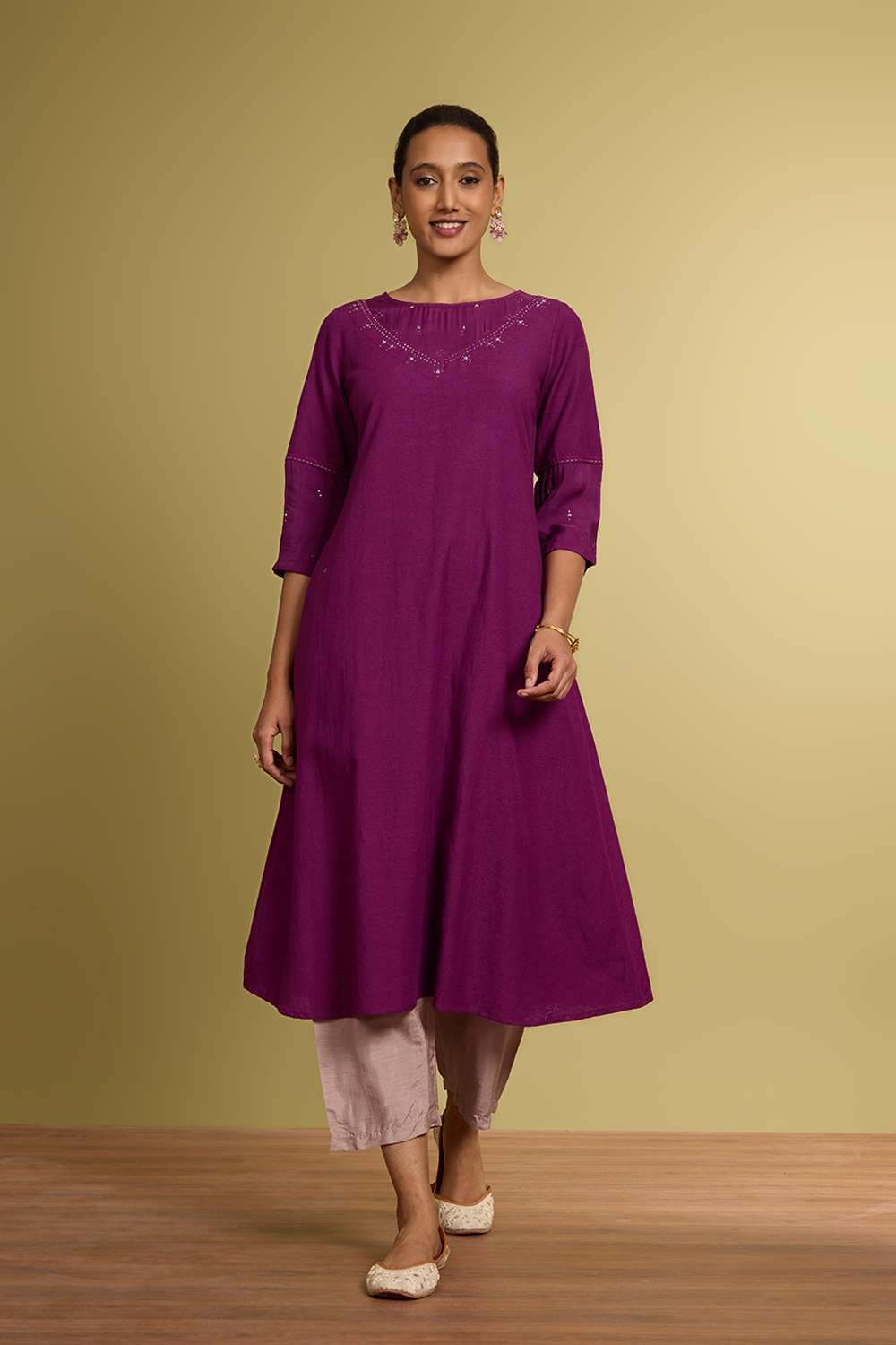 Violet Cotton Viscose Mukaish Kurta image number null