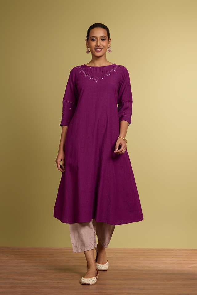 Violet Cotton Viscose Mukaish Kurta thumbnail image number null