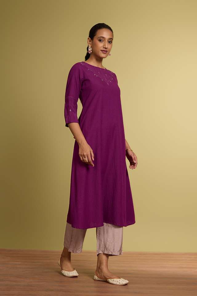 Violet Cotton Viscose Mukaish Kurta thumbnail image number null