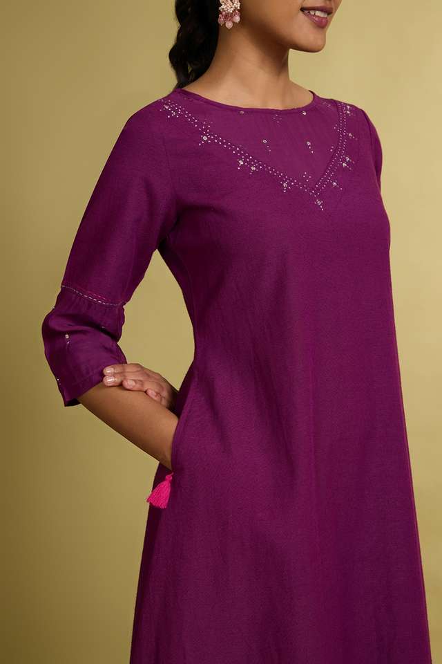 Violet Cotton Viscose Mukaish Kurta thumbnail image number null