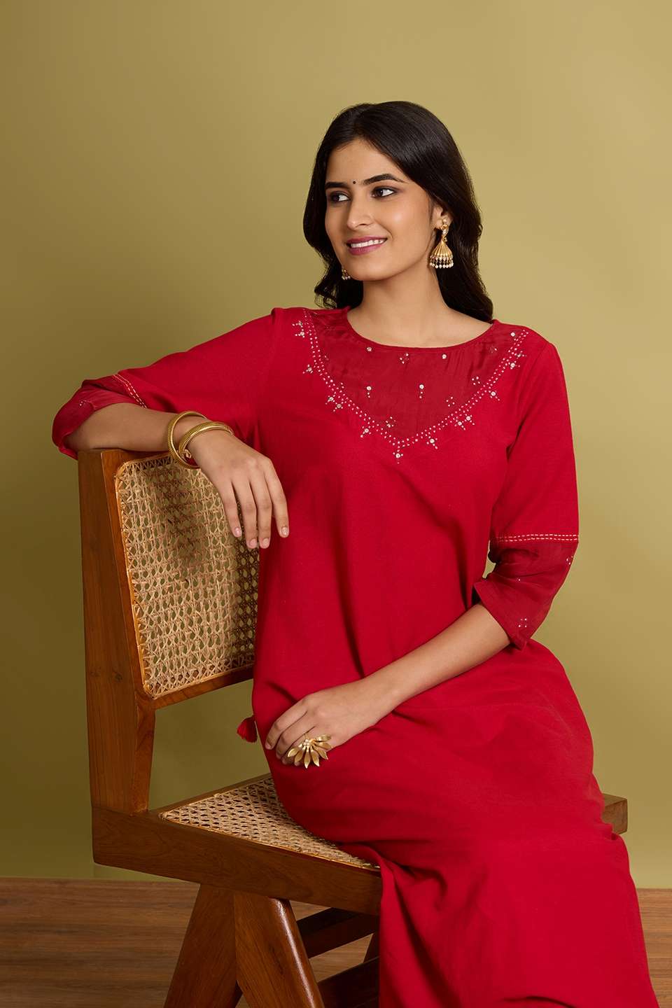 Red Cotton Viscose Mukaish Kurta