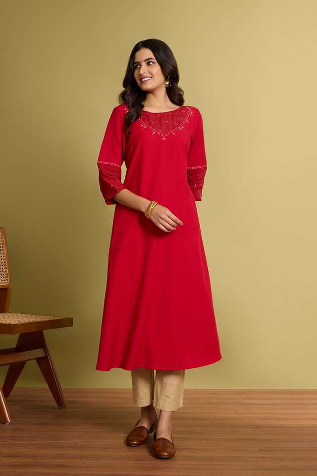 Red Cotton Viscose Mukaish Kurta thumbnail image number null