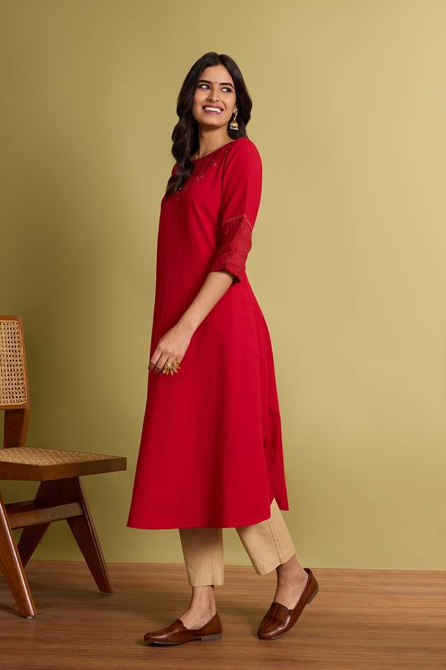 Red Cotton Viscose Mukaish Kurta thumbnail image number null