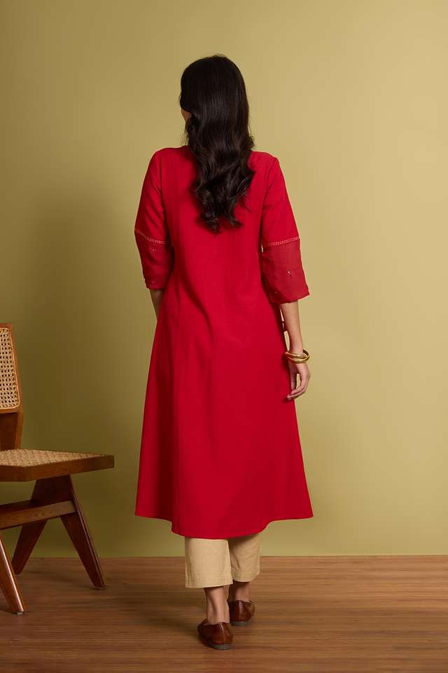 Red Cotton Viscose Mukaish Kurta thumbnail image number null