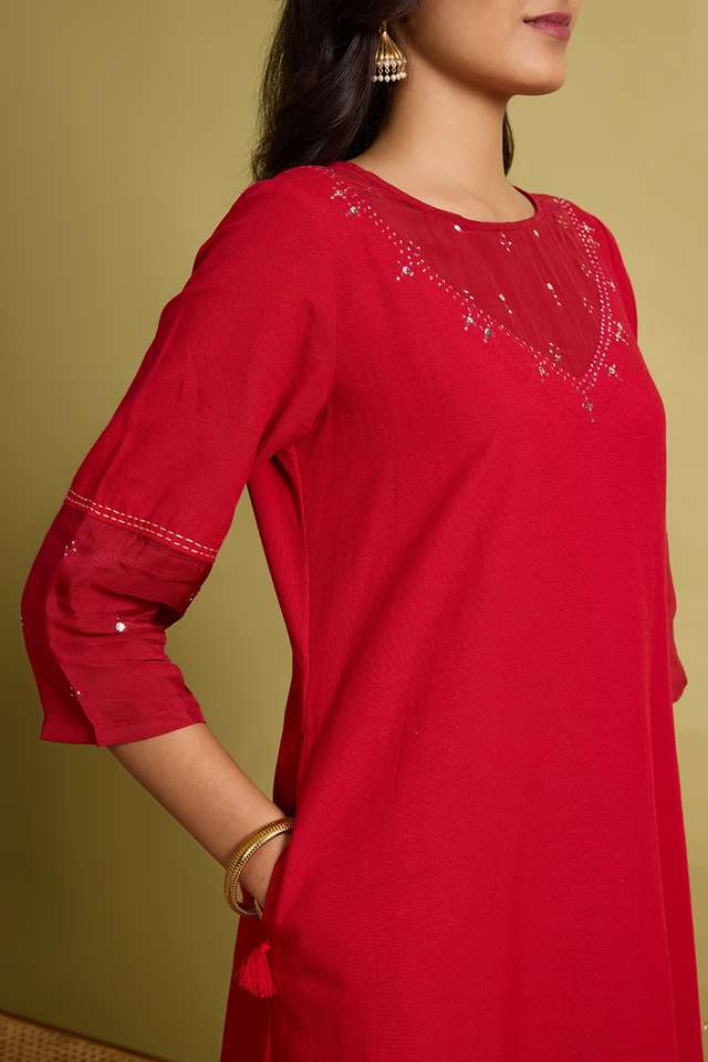Red Cotton Viscose Mukaish Kurta thumbnail image number null