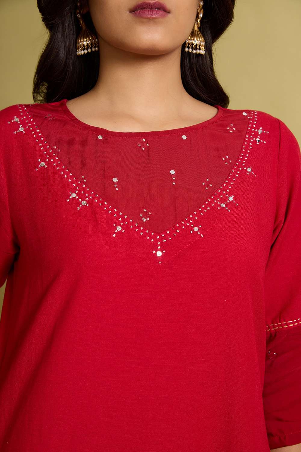 Red Cotton Viscose Mukaish Kurta image number null