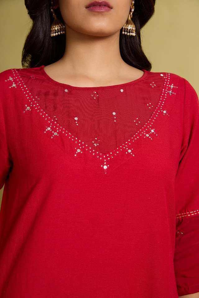 Red Cotton Viscose Mukaish Kurta thumbnail image number null