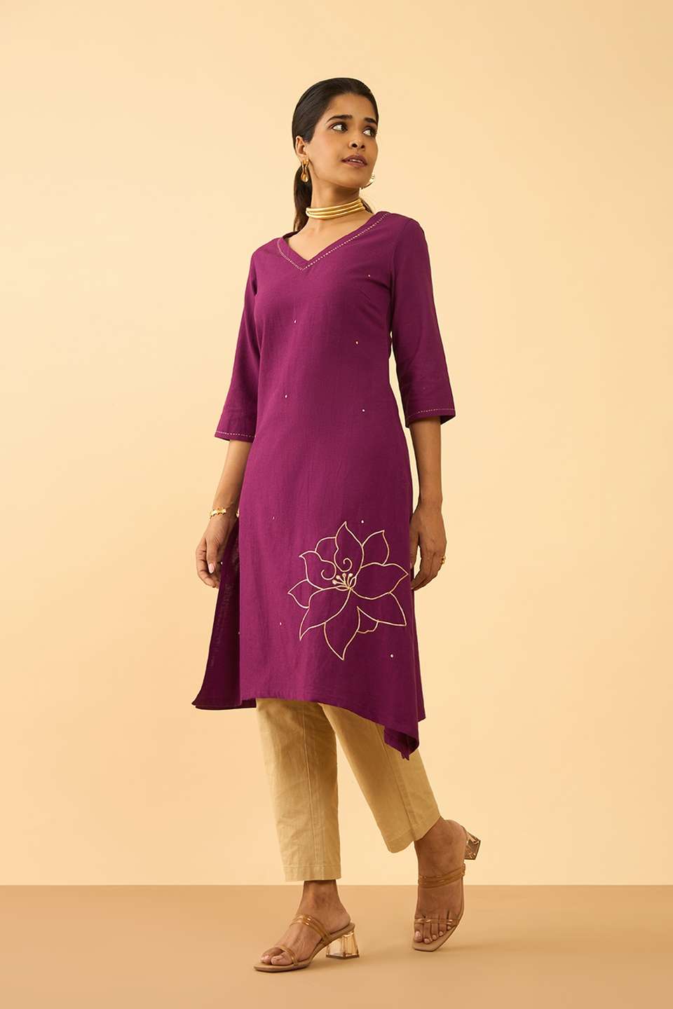 Violet Viscose Cotton Embroidered Kurta