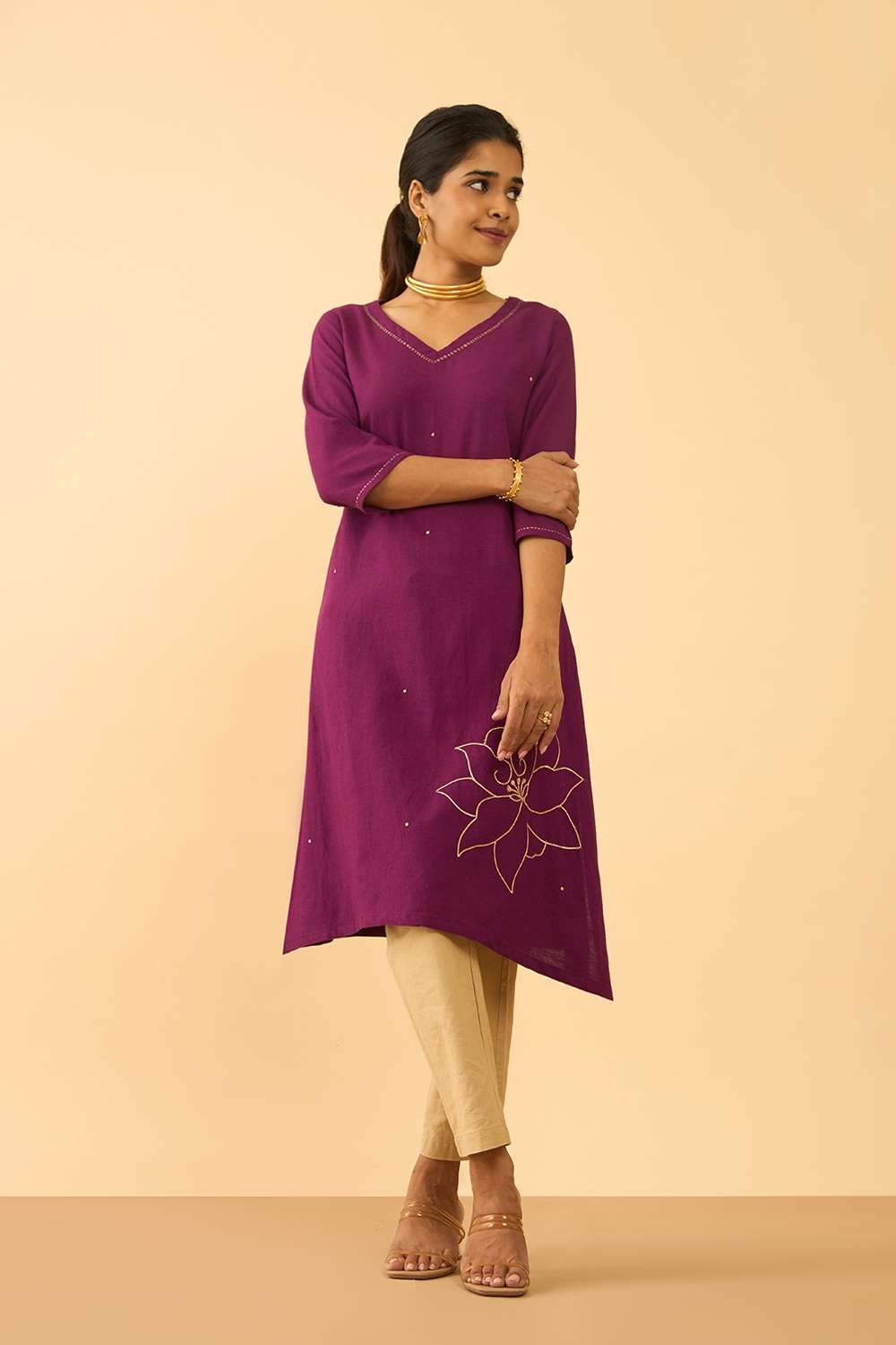 Violet Viscose Cotton Embroidered Kurta image number null