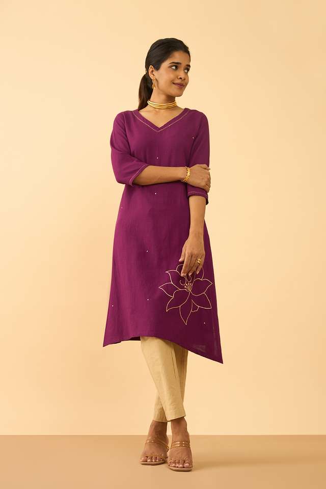 Violet Viscose Cotton Embroidered Kurta thumbnail image number null