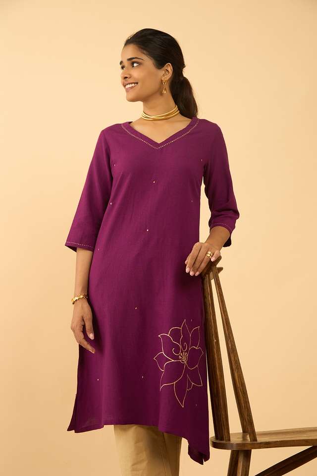 Violet Viscose Cotton Embroidered Kurta thumbnail image number null
