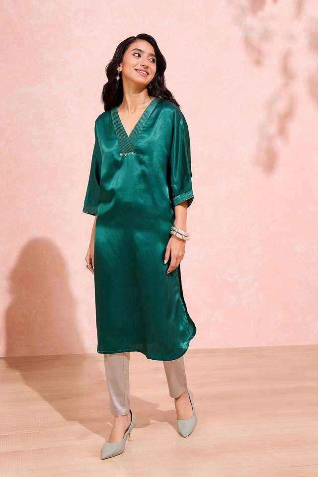 Green Woven Cotton Viscose Kurta thumbnail image number null