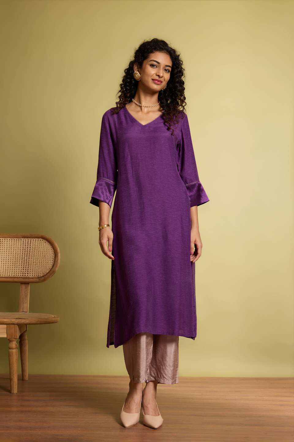 Purple Viscose Embroidered Kurta