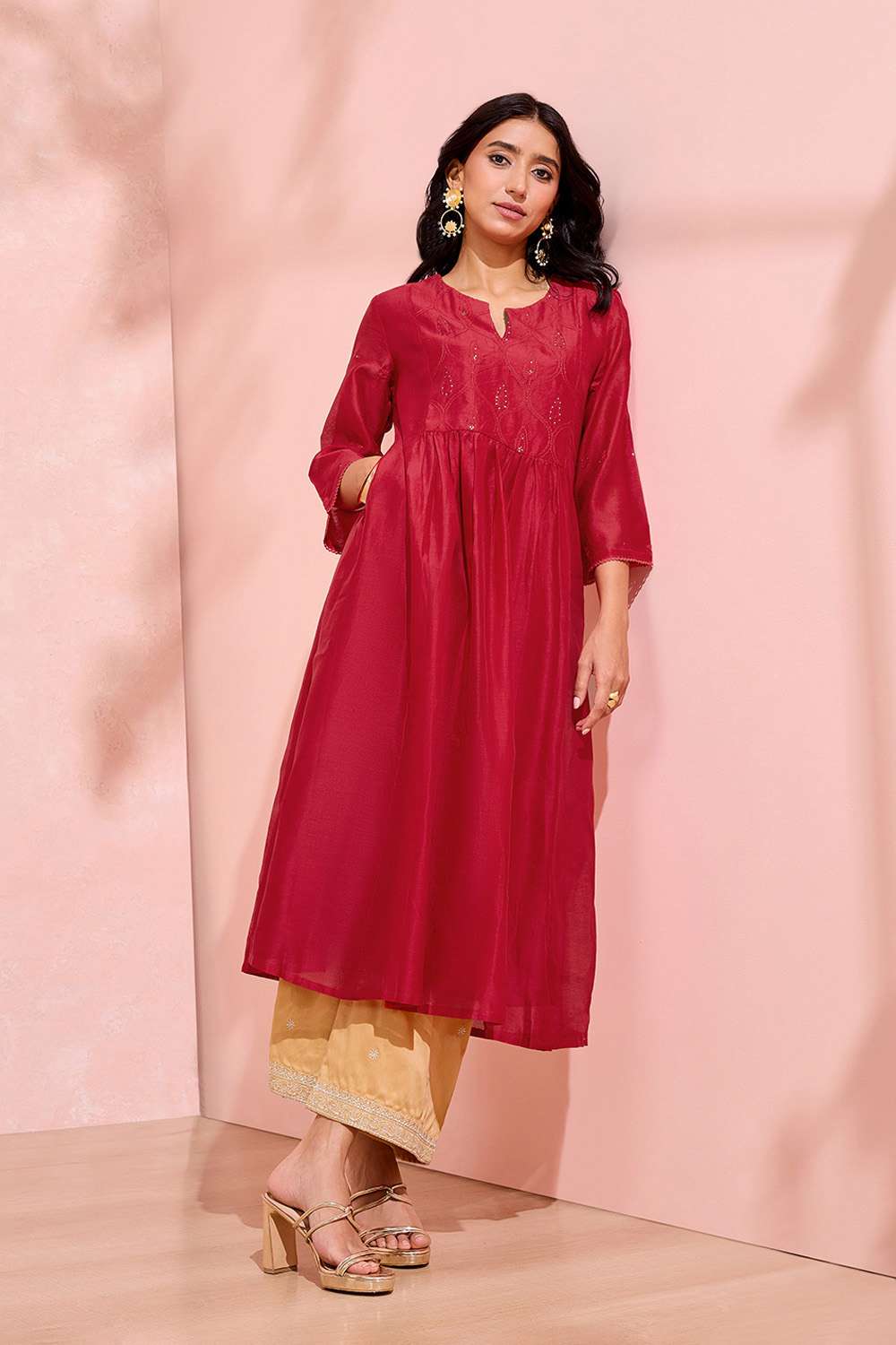 Dark Red Pure Silk Cotton Chikankari Kurta image number null